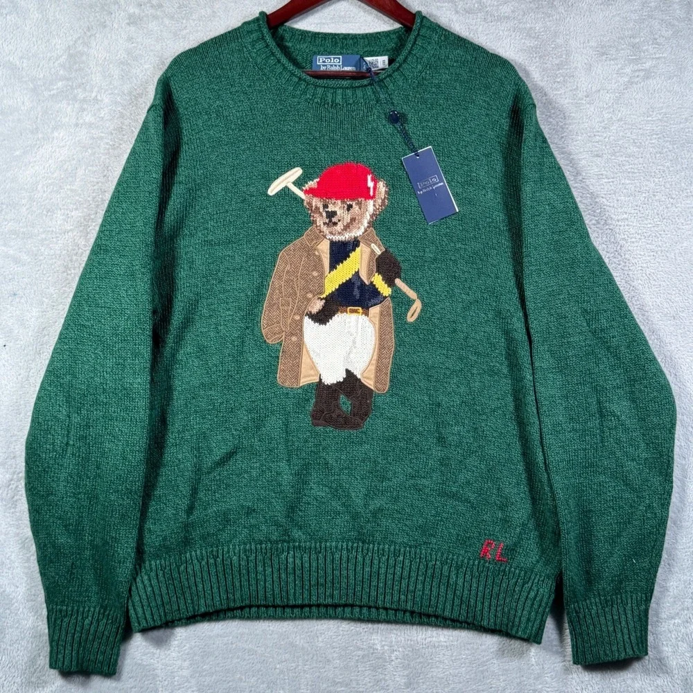 Polo Ralph Lauren Sweater Mens XL Green Polo Bear Golf Knit Rollneck Linen $398
